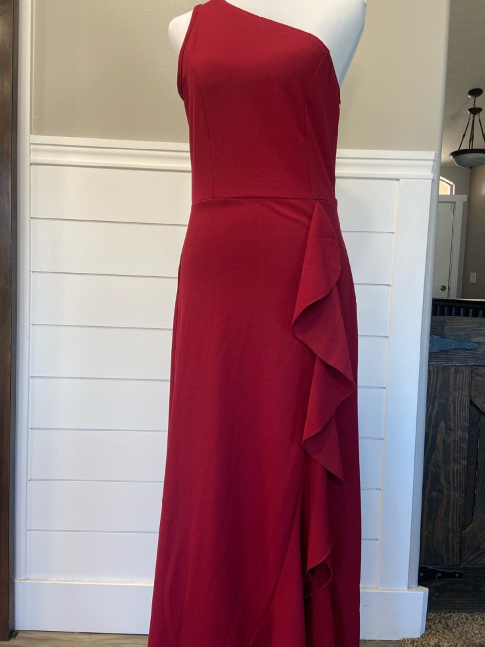 One-Shoulder Red Ruffle Evening Dress